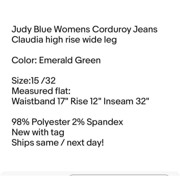 Judy Blue Womens Corduroy Jeans Sz 15/32 Claudia High-Rise Wide Leg Emerald - Picture 9 of 9